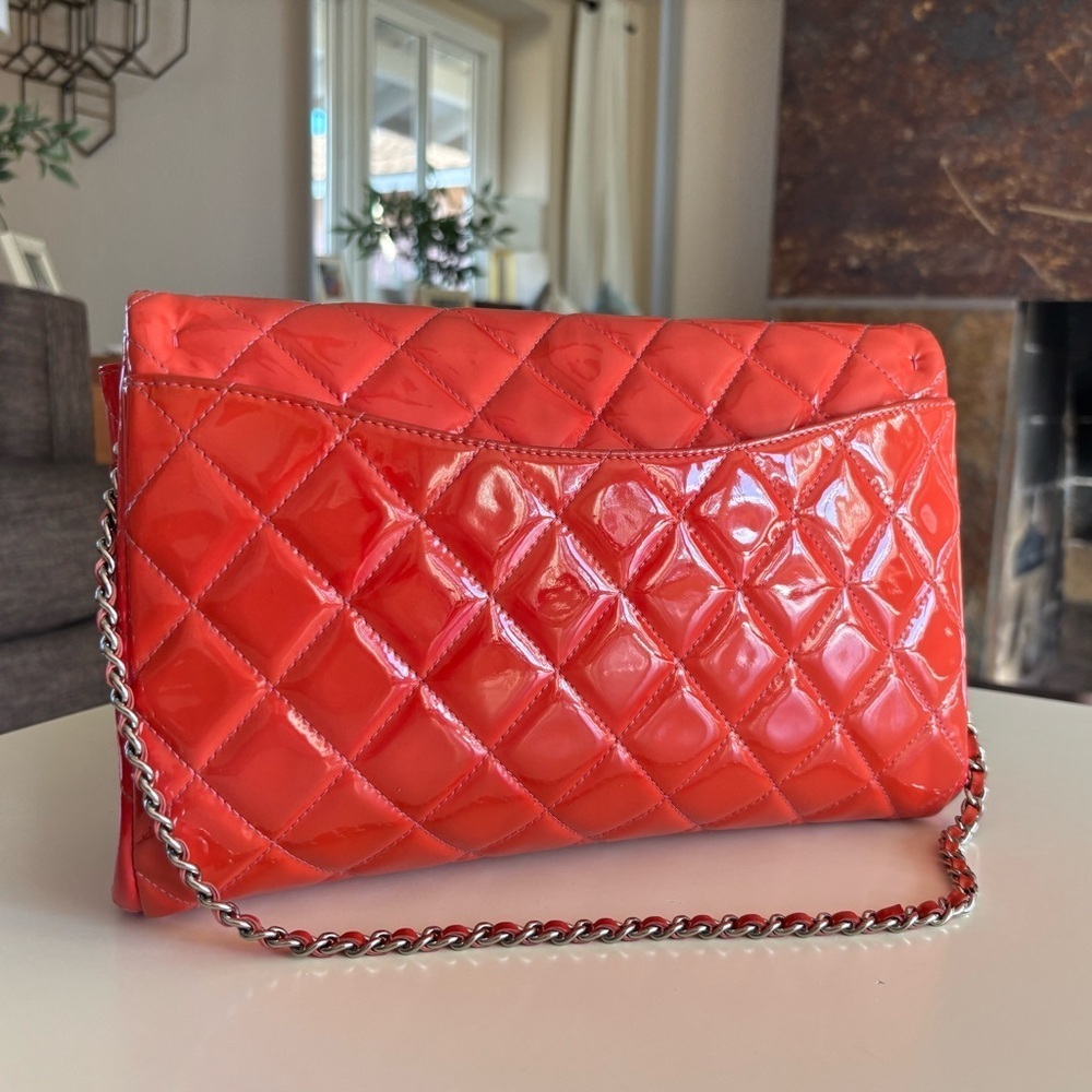 Chanel CC Quilted Patent Flap Clutch Chain Orange Silver Shoulder Bag Purse - Picture 6 of 16